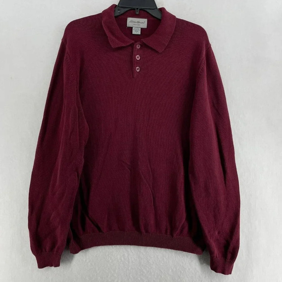 Eddie Bauer Polo Sweater Mens Sz L Red Collared Pullover Ribbed Trim Pullover - Picture 1 of 11